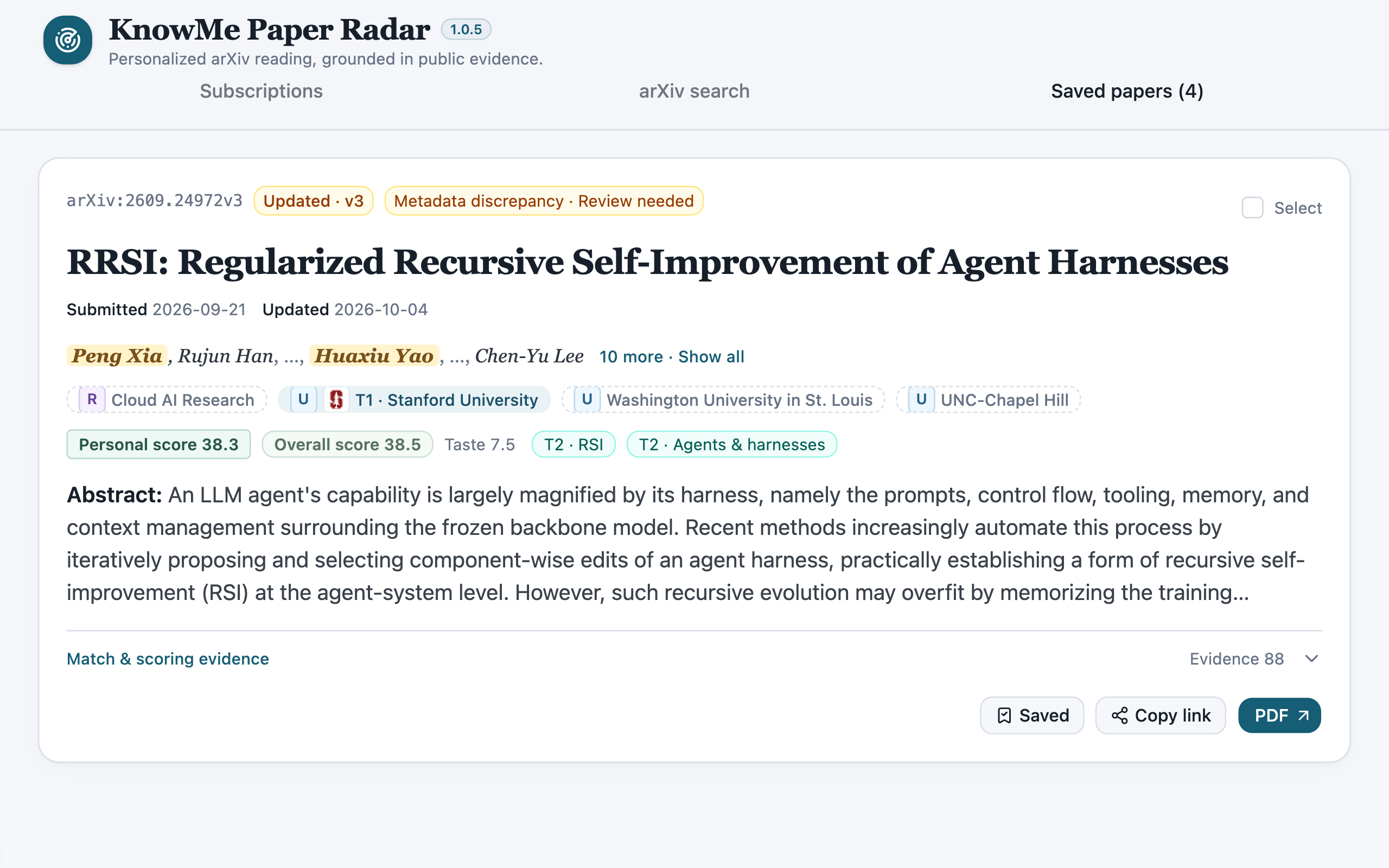 Paper Radar workbench: RRSI with its personal scores.