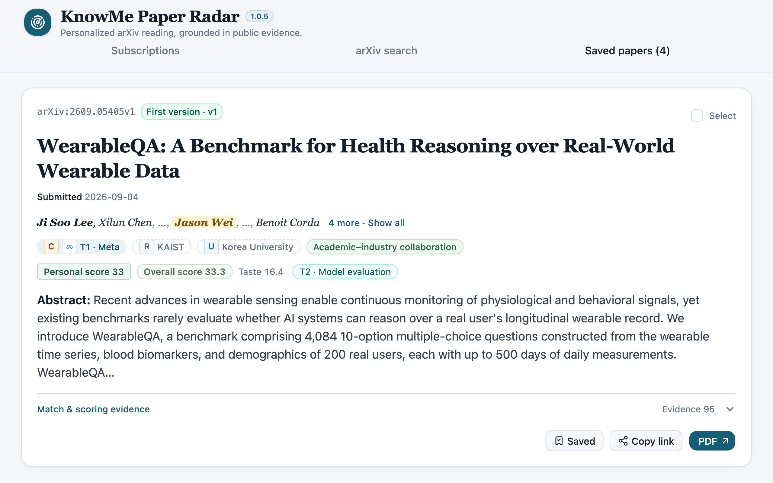 Paper Radar workbench: WearableQA, authors and affiliations.